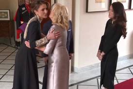 Queen Rania, left, greets US first lady Jill Biden as she arrives for the wedding. Photo: Royal Hashemite Court