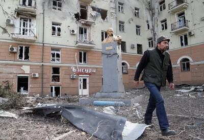 A damaged monument to Ukrainian poet Taras Shevchenko in the besieged city of Mariupol, southern Ukraine. Reuters