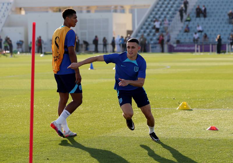 England's Jude Bellingham and Phil Foden during training. Reuters
