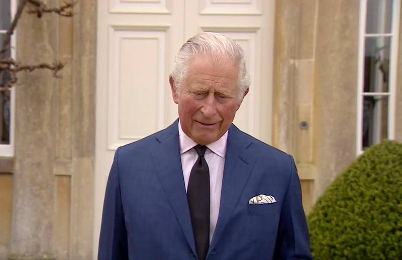 Britain's Prince Charles addresses the media, outside Highgrove House in Gloucestershire, England, following the death of his father, Prince Philip. AP Photo