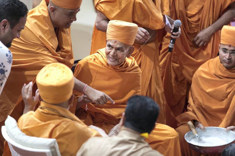 ABU DHABI, UNITED ARAB EMIRATES - April 20 2019.His Holiness Mahant Swami Maharaj, the spiritual leader of BAPS Swaminarayan SansthaThe Shilanyas Vidhi, The Foundationceremony of the first traditional Hindu Mandir in Abu Dhabi, UAE. The Vedic ceremony is performed in the holy presence of His Holiness Mahant Swami Maharaj, the spiritual leader of BAPS Swaminarayan Sanstha.(Photo by Reem Mohammed/The National)Reporter:Section: NA + BZ