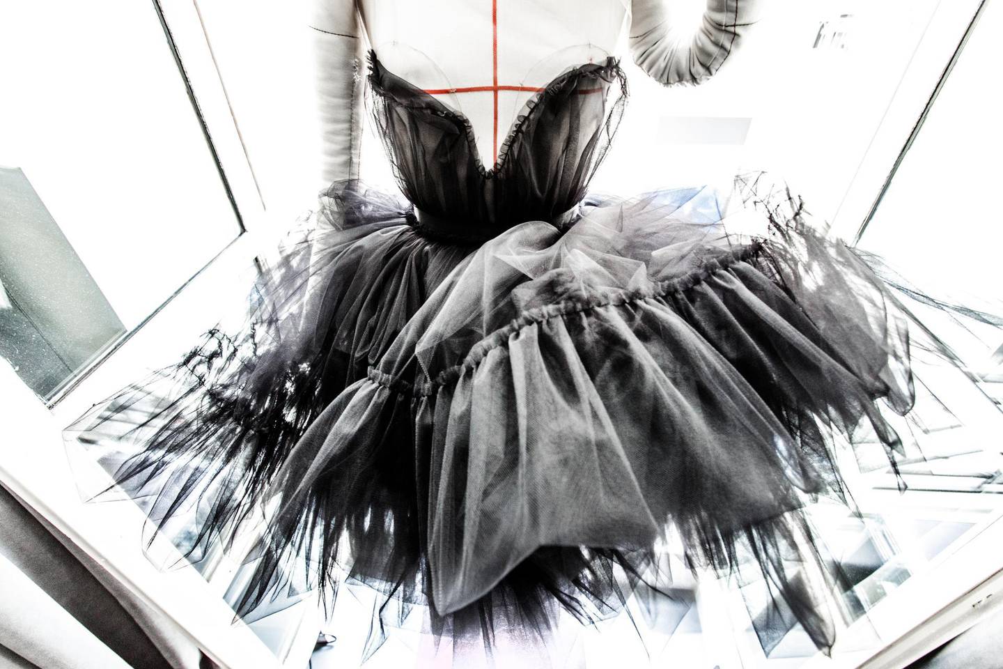 A handout photo of "Work in progress on a tulle dress made specially for the exhibition by the Lanvin ateliers" for Alber Elbaz / Lanvin Manifesto photo exhibition which will take place at the Maison Européenne de la Photographie in Paris (Photo by But Sou Lai) *** Local Caption ***  BLOG24jl-lanvin-exhibit02.jpg