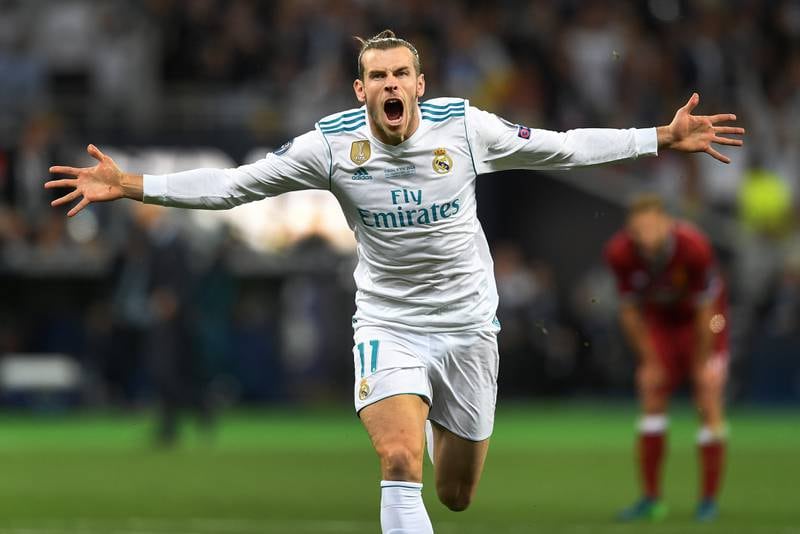 Gareth Bale celebrates scoring Real Madrid's second goal during the Champions League final against Liverpool in 2018. Getty