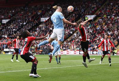 Manchester City's Erling Haaland scores their opening goal. AFP