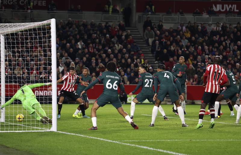 Liverpool defender Ibrahima Konate scores an own goal. AP