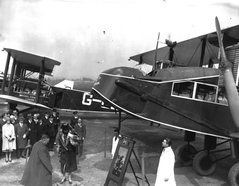 Four Handley Page W.10 and one Handley Page W.9 Hampstead aircraft of Imperial Airways, being christened by Lady Maud Hoare, Viscountess Templewood, at Croydon Aerodrome in 1926. Imperial Airways was created in 1924.
