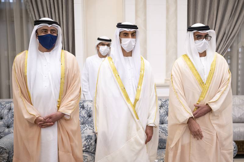 Sheikh Abdullah bin Zayed, Minister of Foreign Affairs and International Co-operation; Sheikh Khaled bin Zayed, Chairman of the board of Zayed Higher Organization for Humanitarian Care and Special Needs, and Sheikh Hamed bin Zayed, Managing Director of Abu Dhabi Investment Authority and Abu Dhabi Executive Council Member, attend an Eid Al Adha reception at Mushrif Palace.
