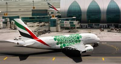 The emerald green Expo 2020 sustainability livery on an Emirates A380. Courtesy Emirates
