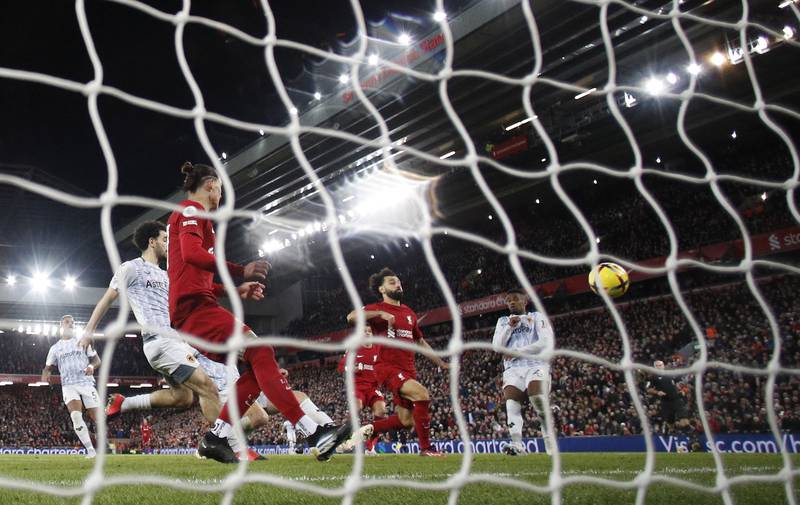 Liverpool's Mohamed Salah scores their second goal. Reuters