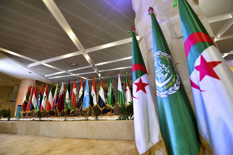 Flags of Arab League member states at the convention centre where the league's summit will be held this week in Algeria's capital Algiers. AFP