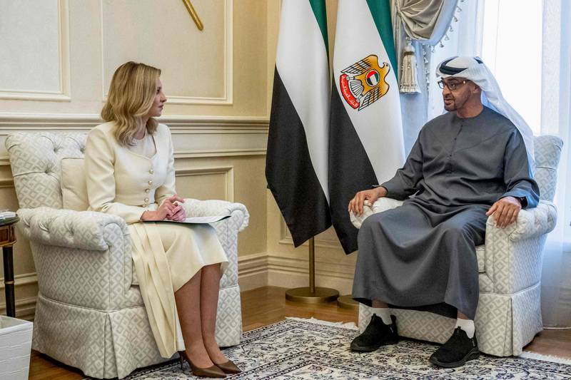 President Sheikh Mohamed met Ukrainian first lady Olena Zelenska at the Sea Palace in Abu Dhabi on Tuesday. AFP