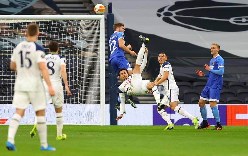 Dele Alli scores Tottenham Hotspur's first goal with a overhead kick during the Europa League last-32, second leg against Wolfsberger at the Tottenham Hotspur Stadium on Wednesday, February 24. Spurs won 4-0 on the night, 8-1 on aggregate. Getty