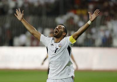 The UAE's Ali Mabkhout celebrates after scoring their second goal from the penalty spot in the 2-0 World Cup qualifier victory against Bahrain at Bahrain National Stadium on Tuesday, November 21, 2023. Reuters