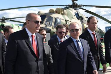 Russian President Vladimir Putin, second right, and Turkish President Recep Tayyip Erdogan attend the MAKS-2019 International Aviation and Space Show in Zhukovsky, outside Moscow, Russia, Tuesday, August 27, 2019. AP