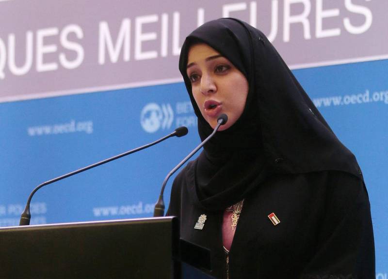 Reem Al Hashemi, the minister of state and managing director of the Dubai World Expo 2020 bid committee, delivers a speech during the presentation of the candidacies for the 2020 World Expo, at the OECD headquarters in Paris. Jacques Demarthon / AFP Photo 