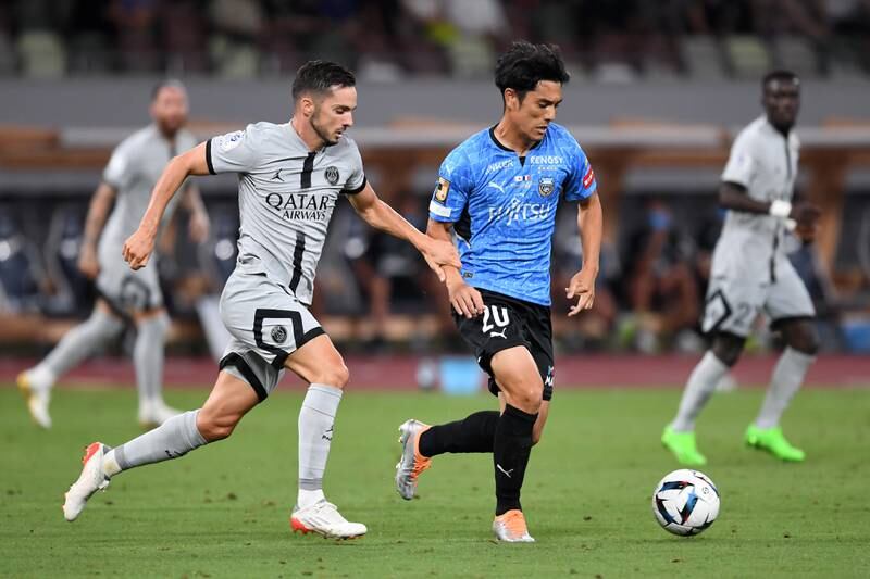 Kawasaki's Kei Chinen under pressure of Pablo Sarabia of Paris Saint-Germain. Getty