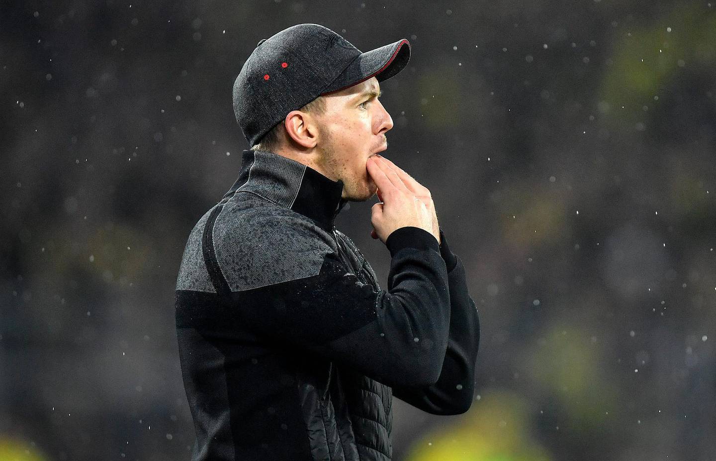 Leipzig's manager Julian Nagelsmann reacts to his players during the German Bundesliga soccer match between Borussia Dortmund and RB Leipzig in Dortmund, Germany, Tuesday, Dec. 17, 2019. The match ended 3-3. (AP Photo/Martin Meissner)