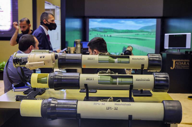 Samples of the Jordanian-assembled, Russian-made Nashshab RPG-32 hand-held anti-tank grenade launcher on display at the Doha International Maritime Defence Exhibition in the Qatari capital.