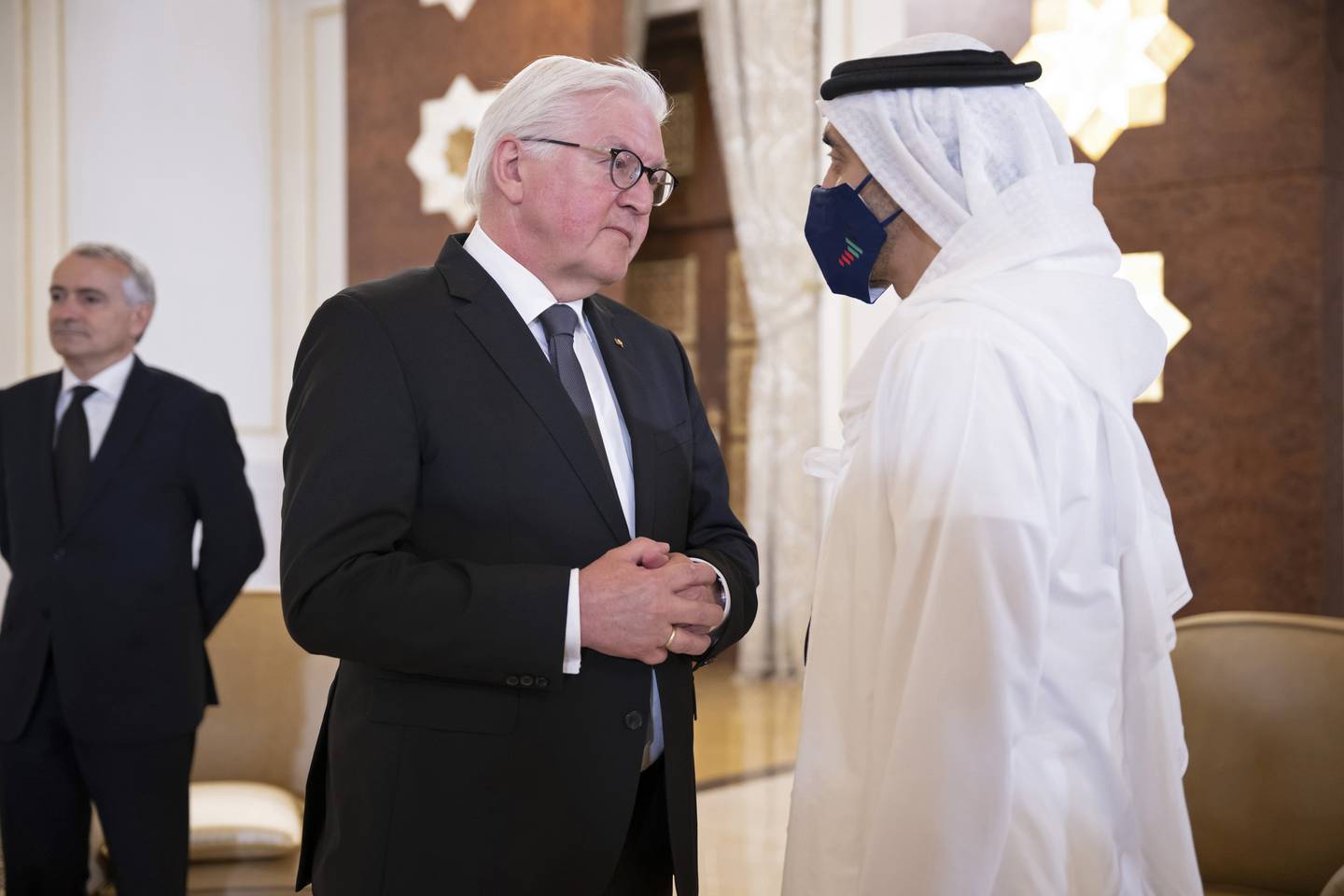 Frank-Walter Steinmeier, President of Germany, offering condolences to Sheikh Abdullah bin Zayed, UAE Minister of Foreign Affairs and International Co-operation, on the passing of Sheikh Khalifa bin Zayed. AP