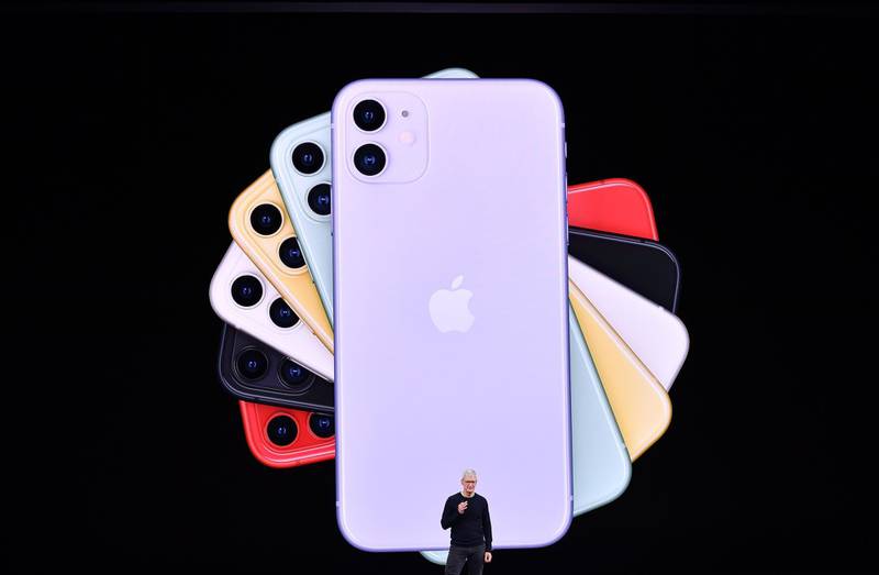 TOPSHOT - Apple CEO Tim Cook speaks on-stage during a product launch event at Apple's headquarters in Cupertino, California on September 10, 2019. Apple unveiled its iPhone 11 models Tuesday, touting upgraded, ultra-wide cameras as it updated its popular smartphone lineup and cut its entry price to $699. / AFP / Josh Edelson
