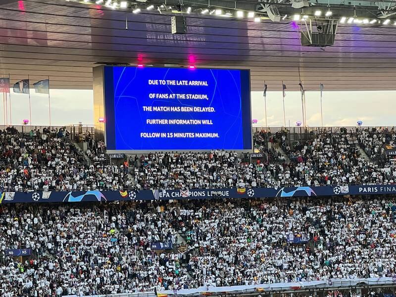 Announcement at the Stade de France of the Champions League final getting delayed. Photo: Andy Mitten