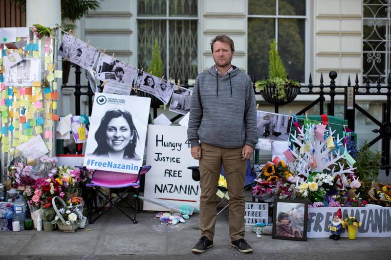 LONDON, ENGLAND - JUNE 28: The husband of Nazanin Zaghari-Ratcliffe, Richard Ratcliffe, continues his hunger strike outside the  Iranian Embassy on June 28, 2019 in London, England. Mrs Zaghari-Ratcliffe, a British citizen continues her detention in Iran where she has been for three years, on charges of plotting against the Iranian government.  (Photo by Dan Kitwood/Getty Images)