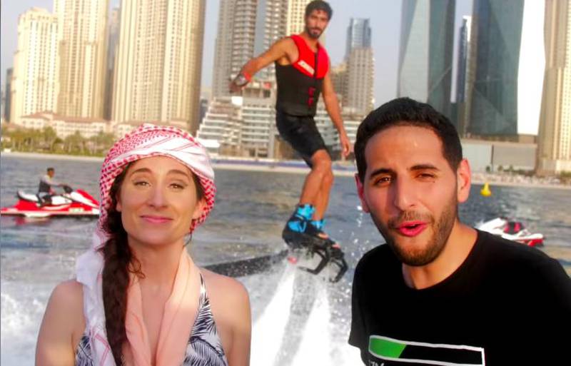 Nuseir Yassin, known as Nas Daily, with girlfriend Alyne Tamir in a video about visiting Dubai as tourists. Born in an Arab town in Israel to a Muslim family, he has attracted a large following with his travel blogs about the Middle East. He speaks, Arabic, Hebrew and English, and his videos often have Hindi and Mandarin subtitles. The couple recently moved to Dubai Instagram / nasdaily