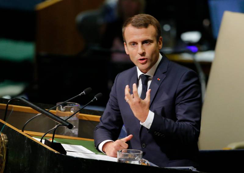 French President Emmanuel Macron addresses the 72nd United Nations General Assembly. Eduardo Munoz / Reuters