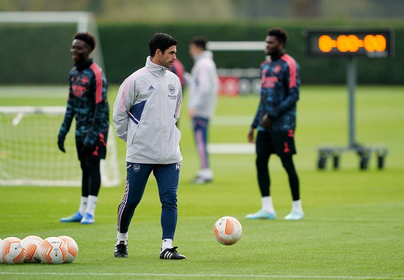 Arsenal manager Mikel Arteta oversees training on Wednesday. PA