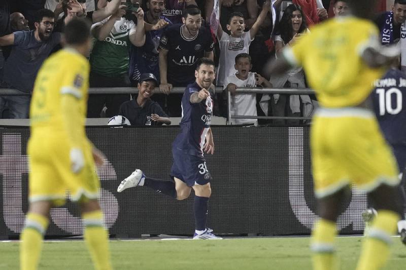 Lionel Messi celebrates after scoring PSG's opening goal against Nantes. AP