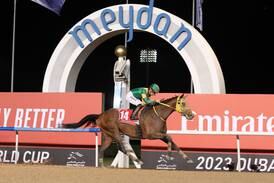Yuga Kawada guides Ushba Tesoro to victory at the Dubai World Cup, at Meydan Racecourse, on March 25, 2023. Chris Whiteoak / The National