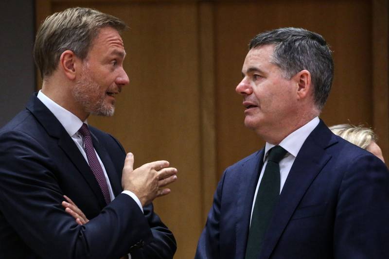 Germany's Finance Minister Christian Lindner, left, and his Irish counterpart Paschal Donohoe during a Eurogroup meeting in Brussels, Belgium. Bloomberg