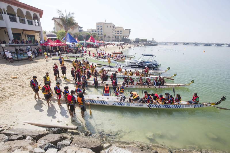 Abu Dhabi, United Arab Emirates - Participant teams at the Dragon Boat Festival Abu Dhabi.  Leslie Pableo for The National