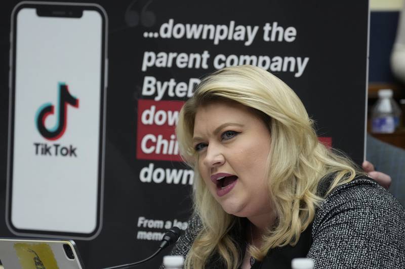 Representative Kat Cammack of Florida questions TikTok chief executive Shou Zi Chew on the company's security practices and its effects on children. AP