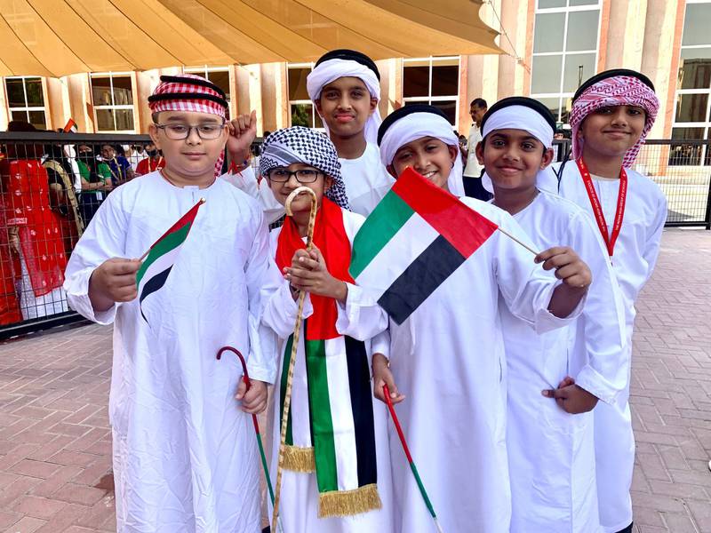 Pupils at the Indian High School, Dubai, celebrate UAE Flag Day. Pawan Singh / The National 