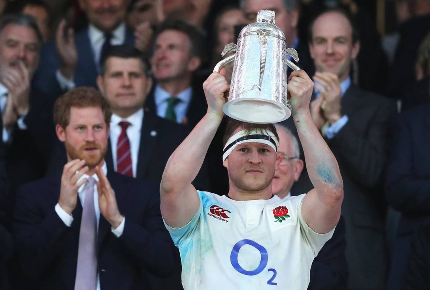 Dylan Hartley of England lifts the the Calcutta Cup after defeating Scotland at Twickenham on March 11, 2017 in London, England. Getty Images