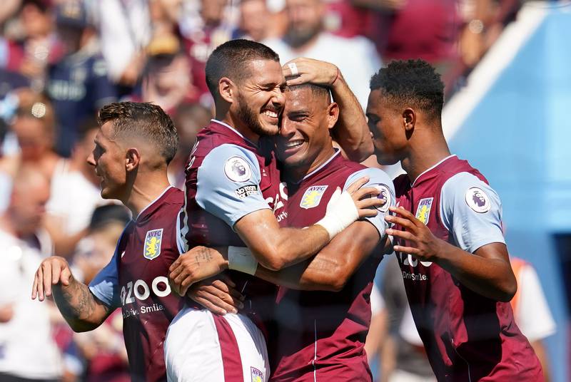 Emiliano Buendia celebrates scoring Aston Villa's second goal in the 2-1 Premier League victory against Everton at  Villa Park, Birmingham,  on August 13, 2022. PA