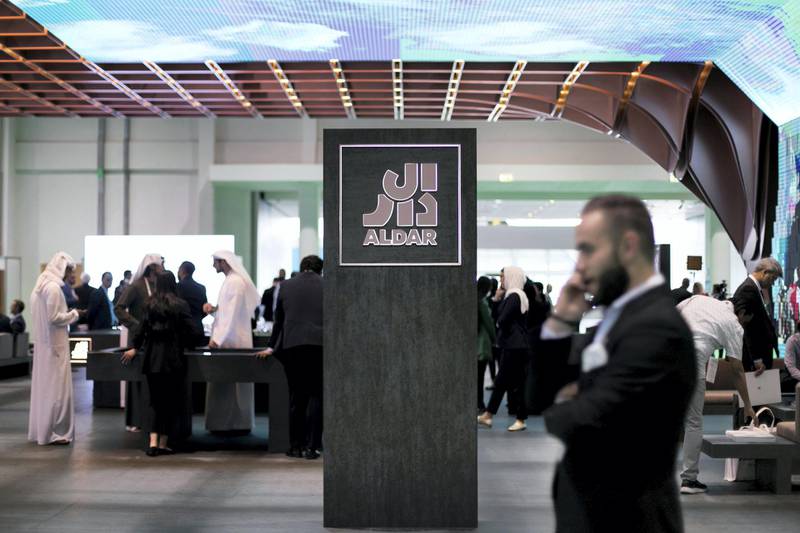 ABU DHABI, UNITED ARAB EMIRATES - April 18 2019.Al Dar's booth, featuring "Lea" at Cityscape Abu Dhabi 2019.The Abu Dhabi real estate developer is building a new waterfront residential project in the emirate as part of its recently adopted strategy to offer land plots for sale.The ‘Lea’ scheme is on the northern coast of Yas Island, where Abu Dhabi’s Formula One racetrack, the Yas Marina, theme parks and several neighbourhoods including the adjoining Yas Acres development are located.(Photo by Reem Mohammed/The National)Reporter: Section: NA + BZ