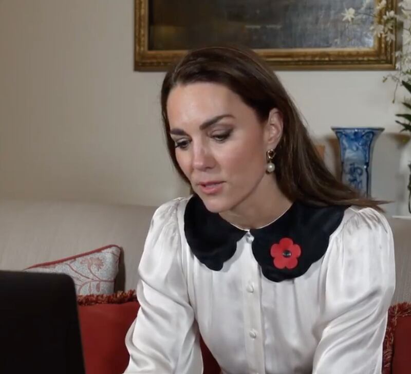 For a Remembrance Day Zoom call, the Duchess of Cambridge wore a scalloped Ghost blouse on November 11. Instagram / Kensington Royal