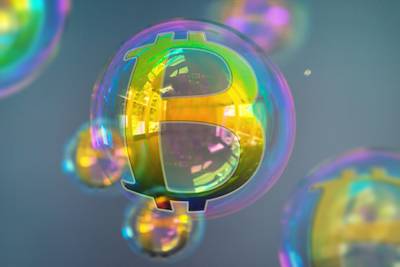 Representation of the Bitcoin symbol in golden colors growing distortioned inside a colorful bubble levitating in the stock market, the fluctuation of this cryptocurrency has become very popular and grew so much since the creation of Bitcoin, a new generation of difital currency.