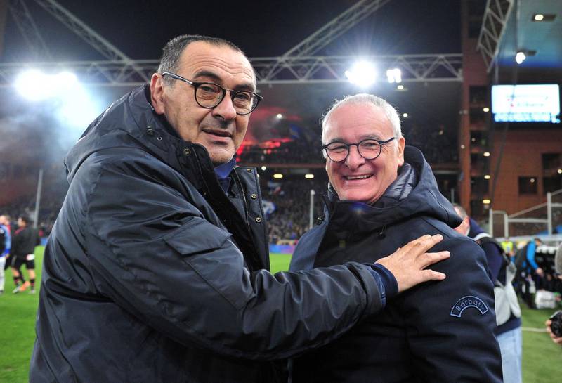 Juventus coach Maurizio Sarri with Sampdoria coach Claudio Ranieri. Reuters