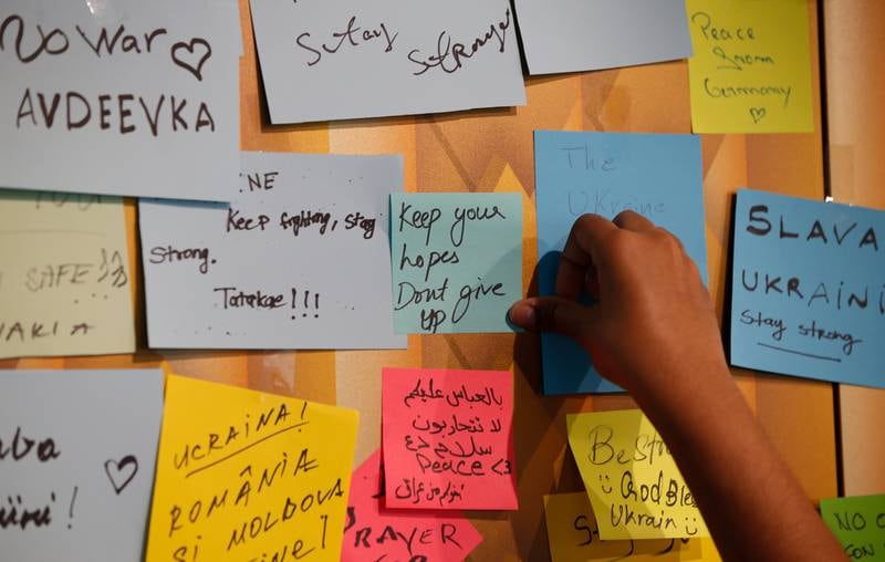 Messages in support of the besieged Ukrainian people were posted at the Ukrainian pavilion at Expo 2020 Dubai. Photo: EPA