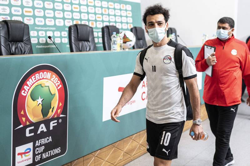 Egypt forward Mohamed Salah arrives at a press conference at the Japoma Stadium. AFP