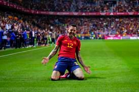 Spain's Joselu celebrates scoring his second goal against Norway in Malaga on March 25, 2023.  AP