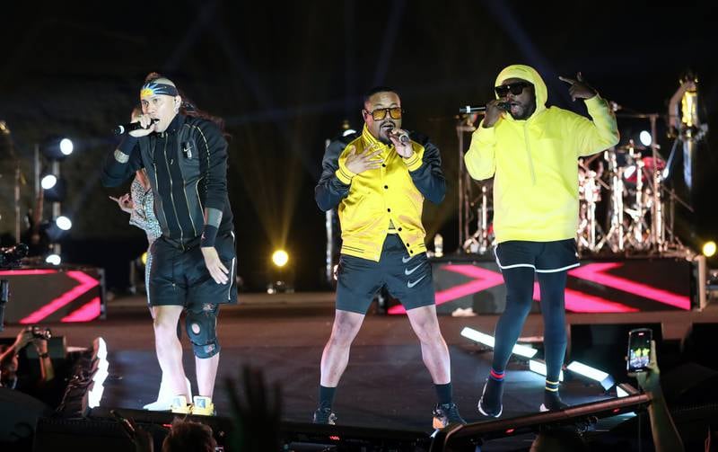 From left, Taboo, Apl.de.ap and will.i.am from the Black Eyed Peas will performs their hits 'Where Is the Love?' and 'Boom Boom Pow' at Expo 2020 Dubai on January 25. EPA