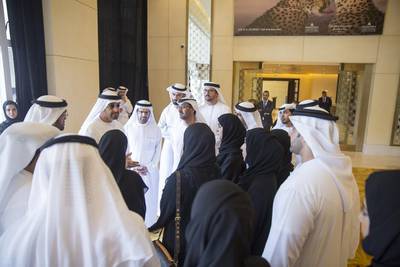 Sheikh Mohammed bin Zayed speaks to delegates who attended a moral education forum at the Eastern Mangroves Hotel and Spa. Mohammed Al Hammadi / Crown Prince Court – Abu Dhabi