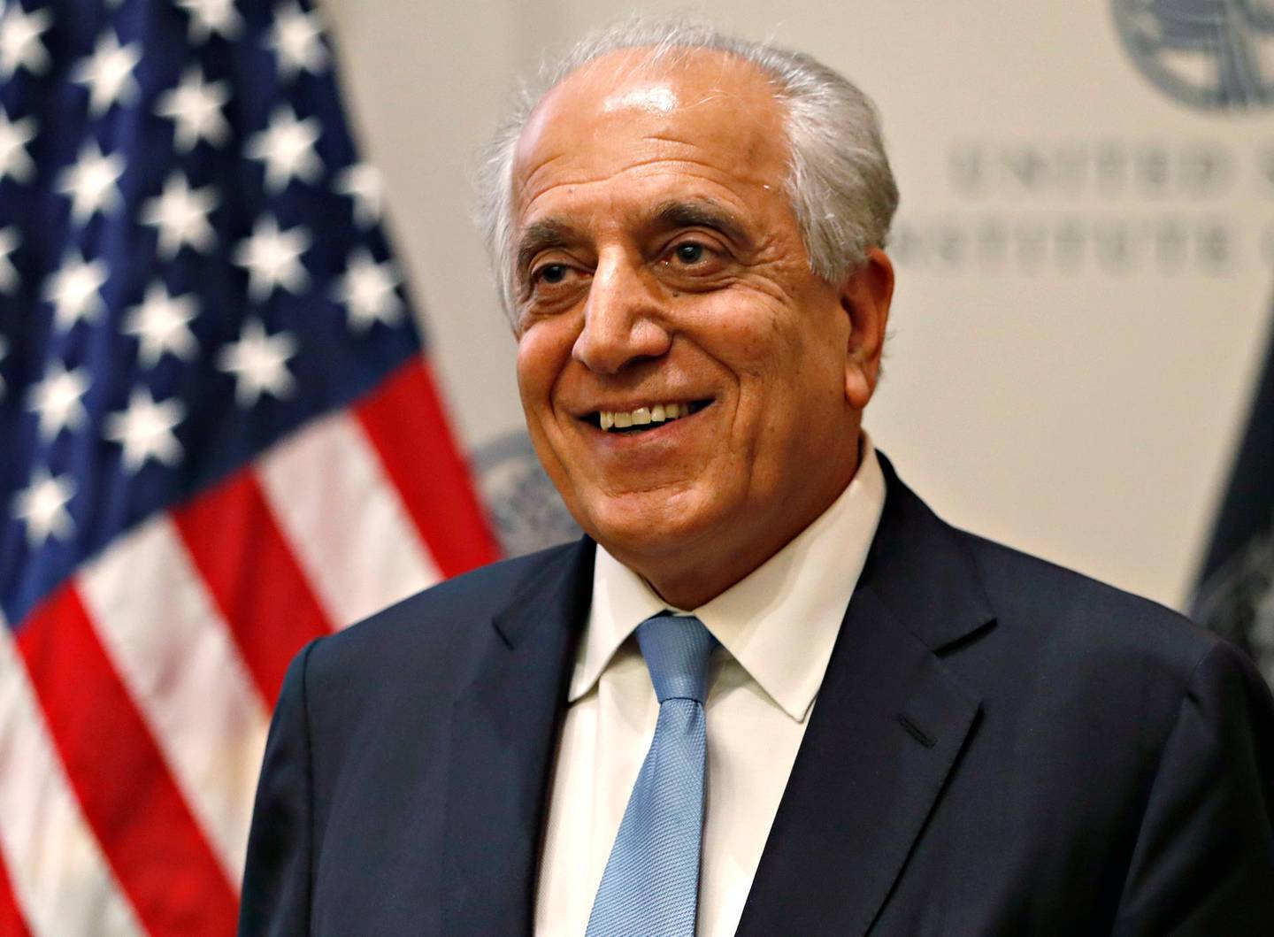 FILE - In this Feb. 8, 2019, file photo, Special Representative for Afghanistan Reconciliation Zalmay Khalilzad at the U.S. Institute of Peace, in Washington.  A fresh round of talks between the U.S. and the Taliban is to begin in Qatar Saturday, June 29, just days after U.S. Secretary of State Mike Pompeo said Washington is hoping for an Afghan peace agreement before Sept. 1. (AP Photo/Jacquelyn Martin, File)