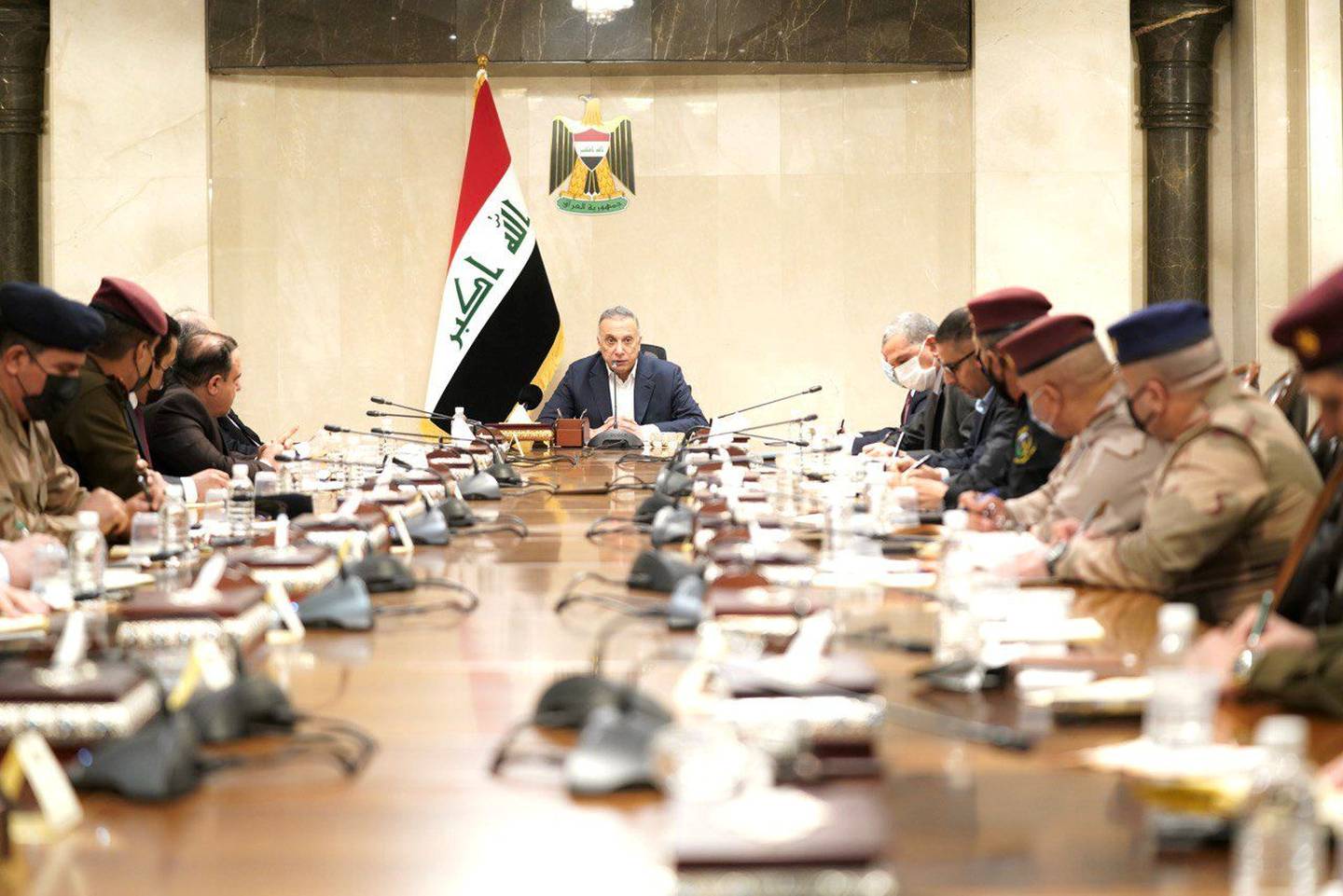 Prime Minister Mustafa Al Kadhimi meets senior Iraqi security officials after a drone attack on his residence in Baghdad, on Sunday. Photo: Reuters