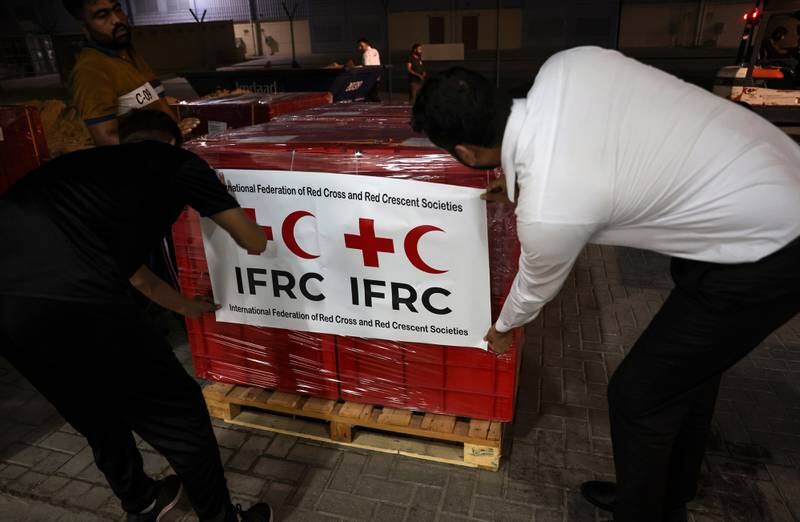 Humanitarian aid and relief goods arrive for the survivors of the earthquake in Morocco at the centre of the International Federation of Red Cross and Red Crescent Societies in Dubai, UAE. Photo: EPA