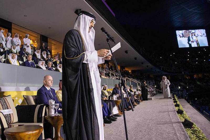 Qatar's Emir Sheikh Tamim delivers a speech on the opening night